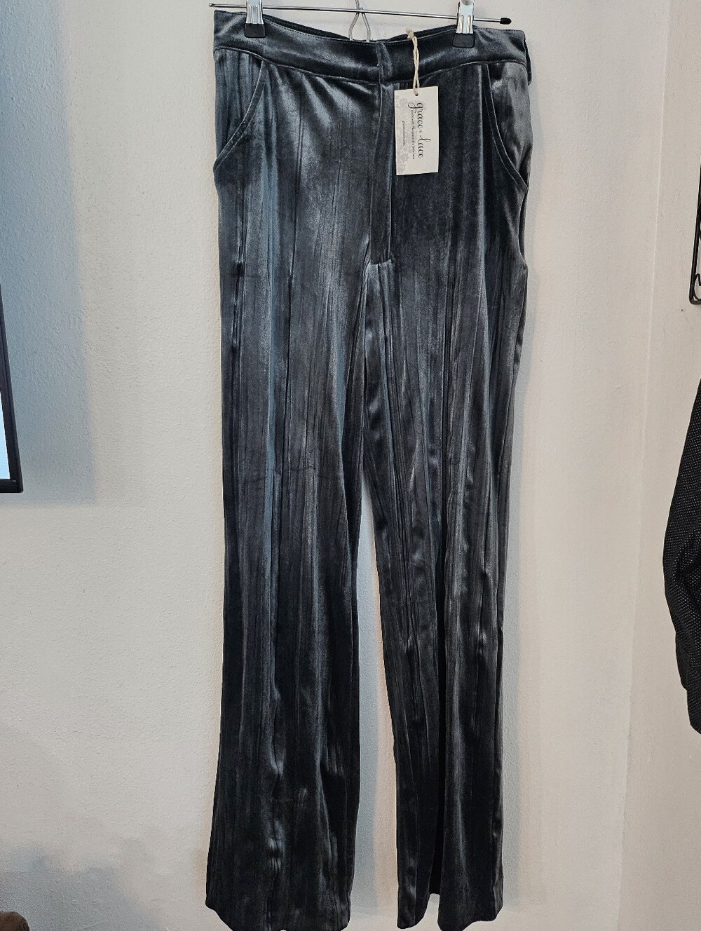 Whimsigoth / Dark Academia Crushed Velvet Wide-Leg in Shimmer Slate Grey